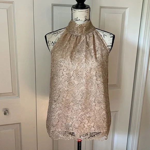 J.Crew Tie Neck Top In cream with Metallic gold Lace Blouse sz Small - Picture 5 of 11